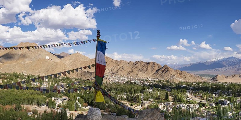 Panorama over Leh and the Namgyal Tsemo Gompa monastery on Tsenmo Hill, a viewpoint over Leh, Ladakh, Jammu and Kashmir, India, Asia