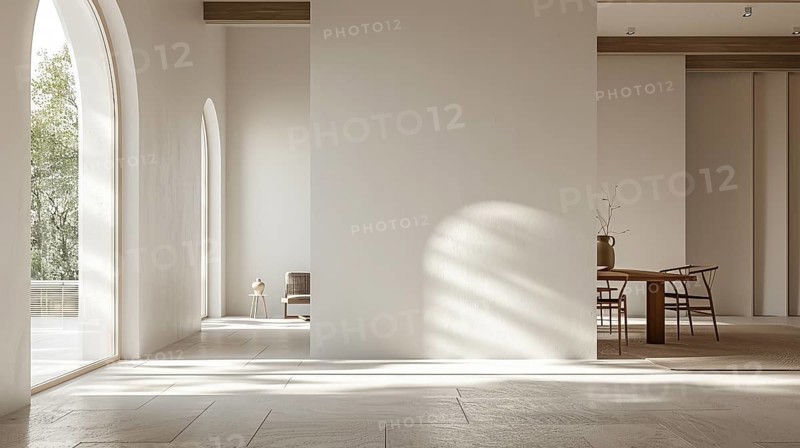Spacious room with an archway, wooden table, and chair highlighted by natural light, AI generated