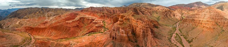 Panorama, gorge with eroded red sandstone rocks, Konorchek Canyon, Boom Gorge, aerial view, Kyrgyzstan, Asia