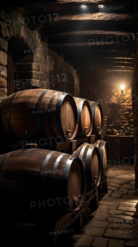 AI generated rustic wine cellar filled with wooden oak barrels