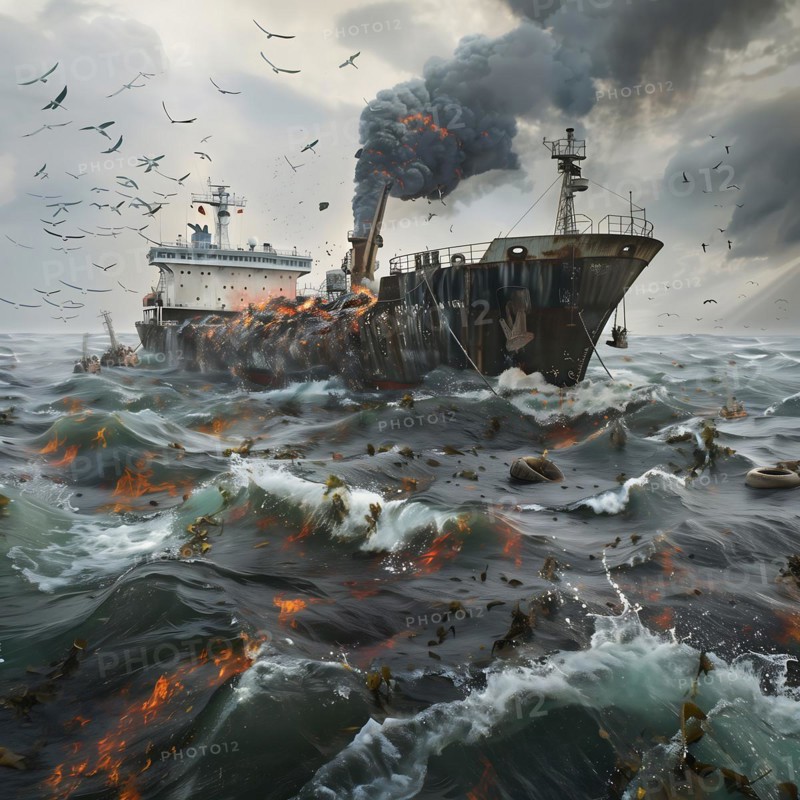 A burning ship wrecks in the stormy sea, surrounded by smoke and flying Birds, pollution, environmental protection, AI generated