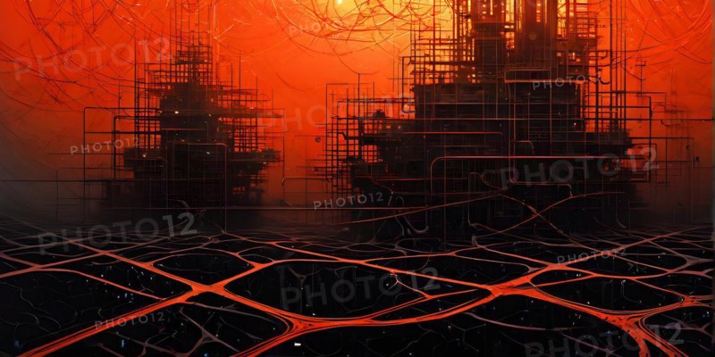 Ai generated conceptual illustration of a neuronal network with interconnected nodes pulsating in red tones, AI generated