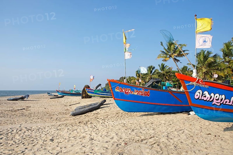 Colourful fishing boats on Marari Beach, Mararikulam, Alappuzha district, Kerala, India, Asia