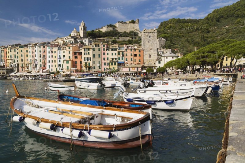 Harbour with fishing boats and colourful apartment building facades at Portovenere, La Spezia province, Italy, Europe