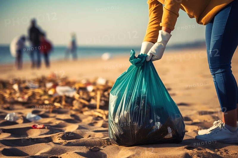 People collecting plastic garbage at beach. KI generiert, generiert, AI generated