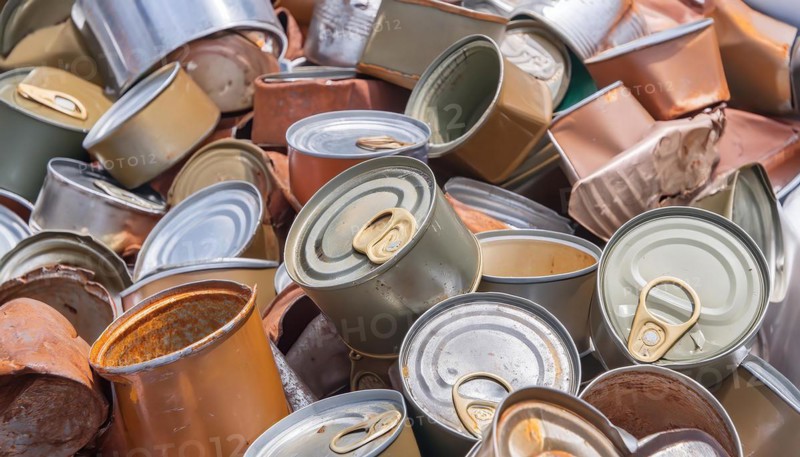 Symbol photo, waste, a large quantity of empty open rusted tinplate cans on a heap, AI generated, AI generated