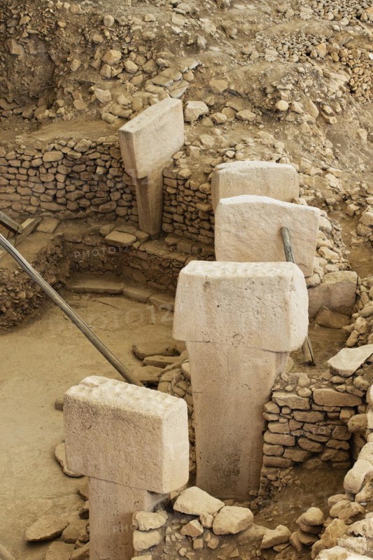 Gobekli Tepe neolithic archaeological site dating from 10 millennium BC, Large circular structures with massive stone pillars, Potbelly Hill, Sanliurfa, Turkey, Asia