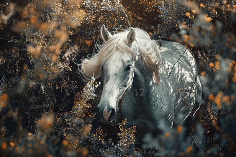 Portrait of a white horse in a thicket, AI generated