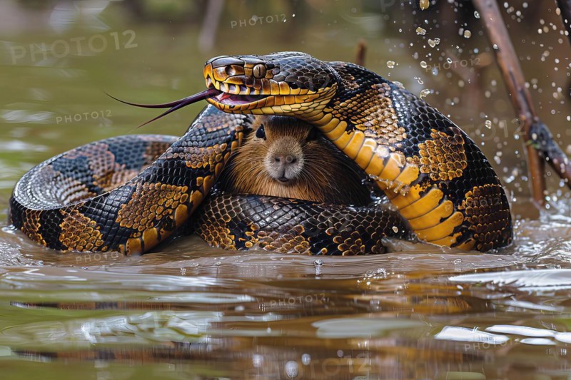 Large anaconda chasing a capybara, AI generated