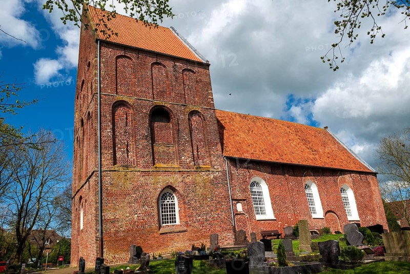 Protestant Reformed Church in Suurhusen, famous leaning church tower, municipality of Hinte, district of Aurich, East Frisia, Lower Saxony, Germany, Europe
