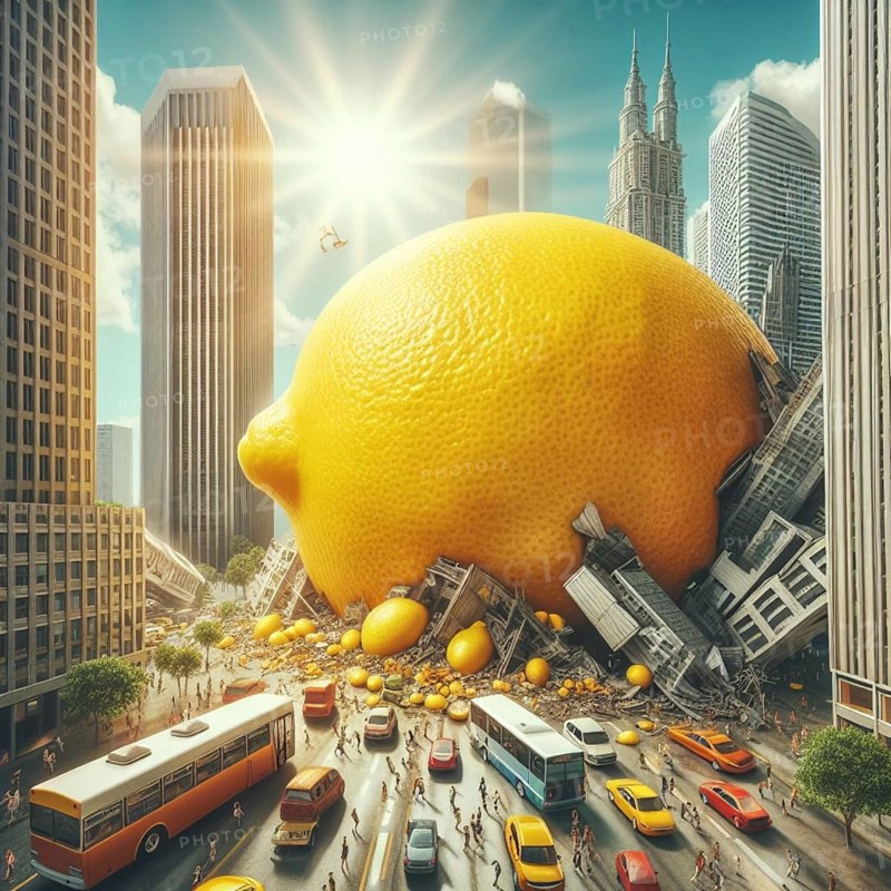 Surreal urban scene dominated by a giant lemon resting between skyscrapers, with vehicles and people navigating around the colossal citrus amidst a bustling city backdrop under a radiant sun, AI generated