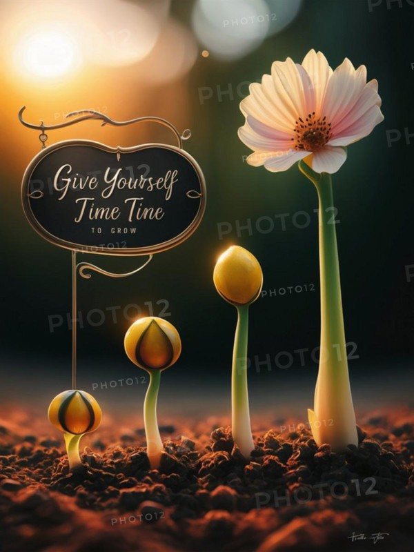 A single flower beside budding counterparts and an inspirational sign under twilight, AI generated