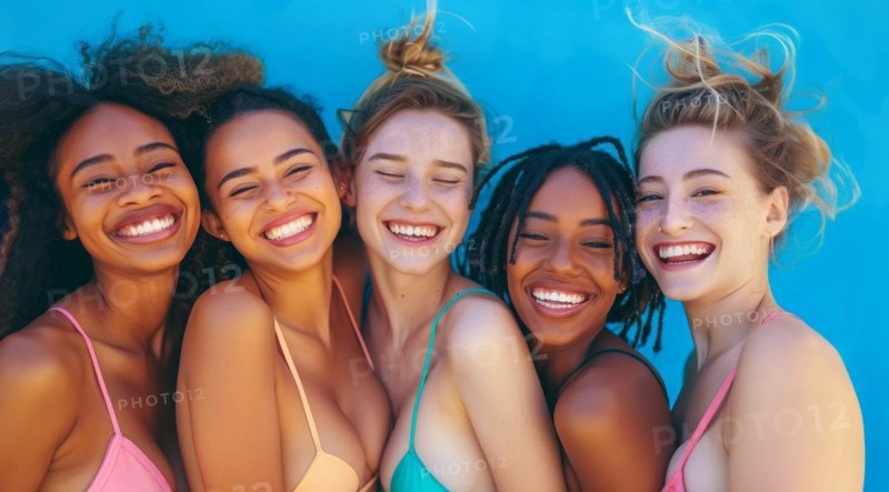 A group of women are smiling and posing for a photo. They are wearing bikinis and hats, AI generated