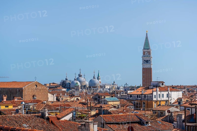View over the roofs of Venice to the Campanile bell tower and the domes of St Mark's Basilica, view from the roof of the Fondaco dei Tedeschi, Venice, Veneto, Italy, Europe