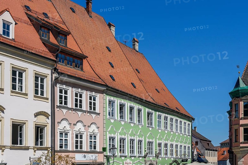 Pointed gable houses and dormers in Pfarrgasse, Kaufbeuern, Allgaeu, Swabia, Bavaria, Germany, Europe