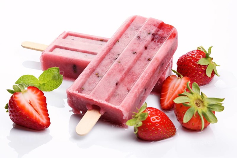 Pink strawberry ice popsicles on white background. KI generiert, generiert, AI generated