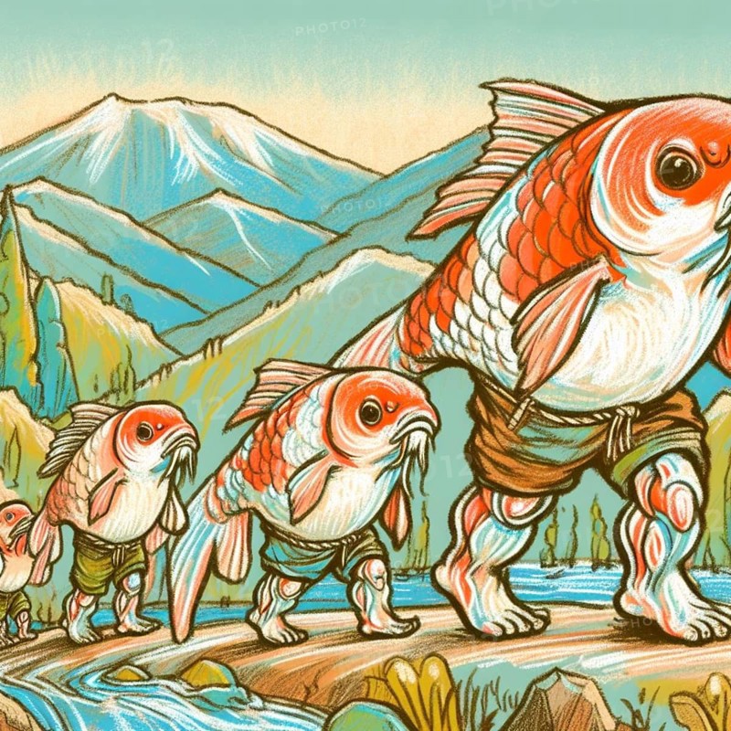 Whimsical illustration depicting fish with legs walking through a colorful, mountainous terrain, evoking a dreamlike atmosphere and emphasizing the magical merger of aquatic and terrestrial life, AI generated