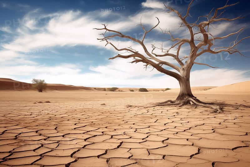 Drought climate change ecology solitude concept, dry dead tree in desert with a dry, cracked ground. The tree is the only sign of life in the barren landscape, AI generated