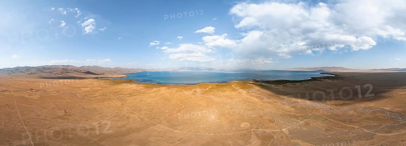 Aerial view, Vast empty landscape at the mountain lake Song Kul in autumn, Moldo Too Mountains, Naryn region, Kyrgyzstan, Asia