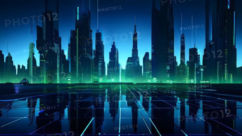AI generated illustration of a cityscape with skyscrapers and holographic elements in blue and green colors