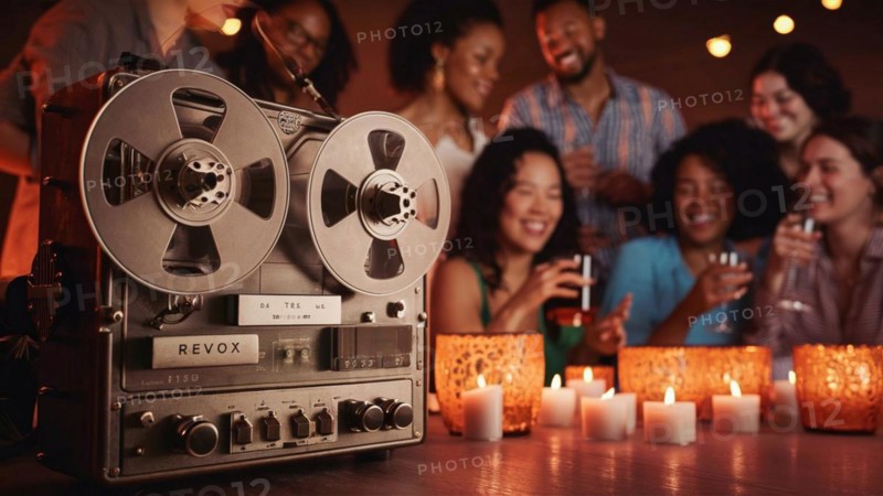 Group of friends chat drink in the background with close-up of an old reel to reel tape recorder ai generated, AI generated