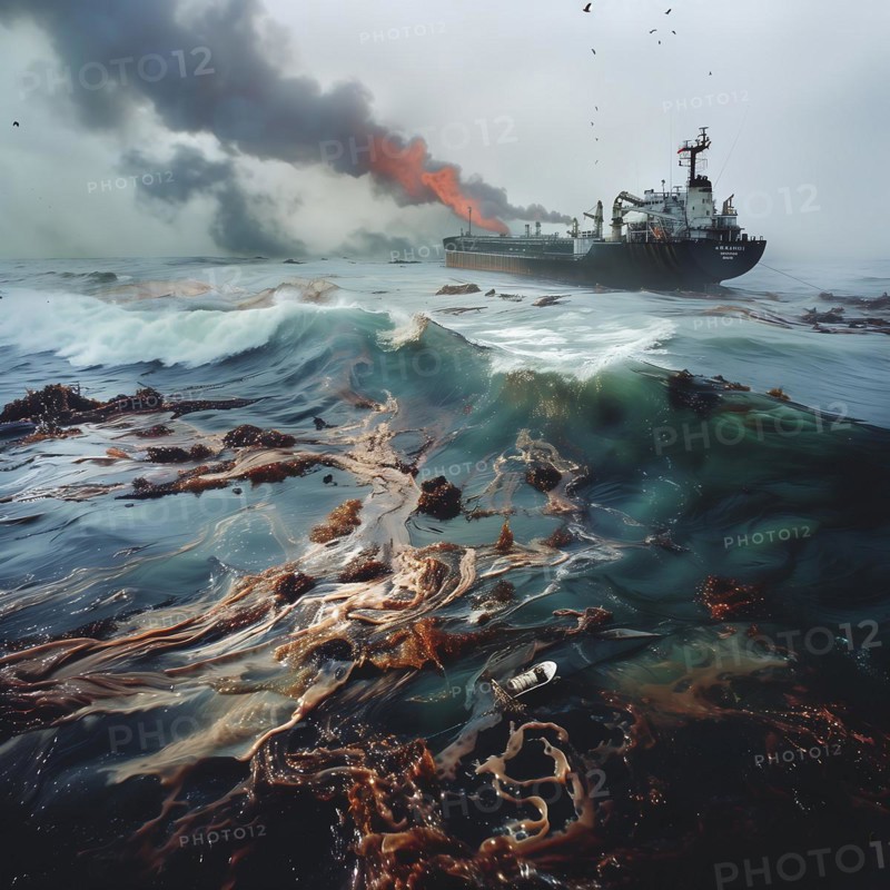 A damaged ship leaks oil in rough seas, smoke rises, oil spill, environmental disaster, AI generated