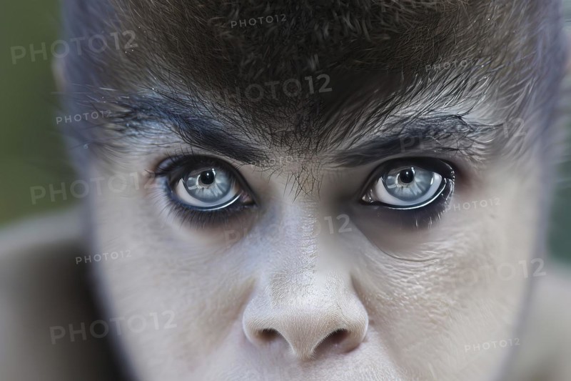Imaginary monkey with human face and eyes, AI generated