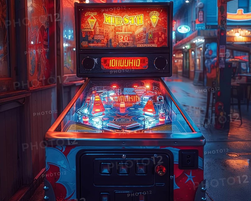 Pinball machine on a city street at night with neon lights reflecting on wet surfaces, AI Generated, AI generated