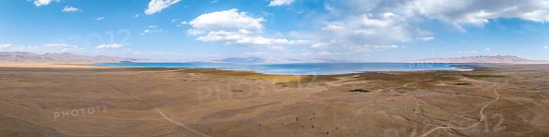 Aerial view, Vast empty landscape at the mountain lake Song Kul in autumn, Moldo Too Mountains, Naryn region, Kyrgyzstan, Asia