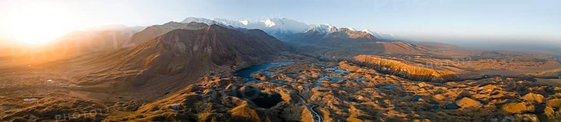 Aerial view, high mountain landscape with glacial moraines and mountain lakes, behind Pik Lenin, Trans Alay Mountains, Pamir Mountains, Osher Province, Kyrgyzstan, Asia