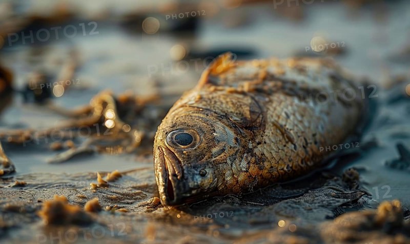 Dead fish washed ashore on a polluted beach, environment and ecological problems AI generated