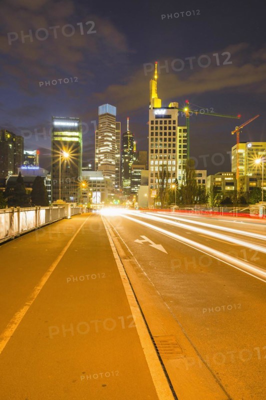 Skyline and banking district after sunset, twilight, Commerzbank, HelaBa, Hessische Landesbank, Untermainbruecke, Frankfurt am Main, Hesse, Germany, Europe