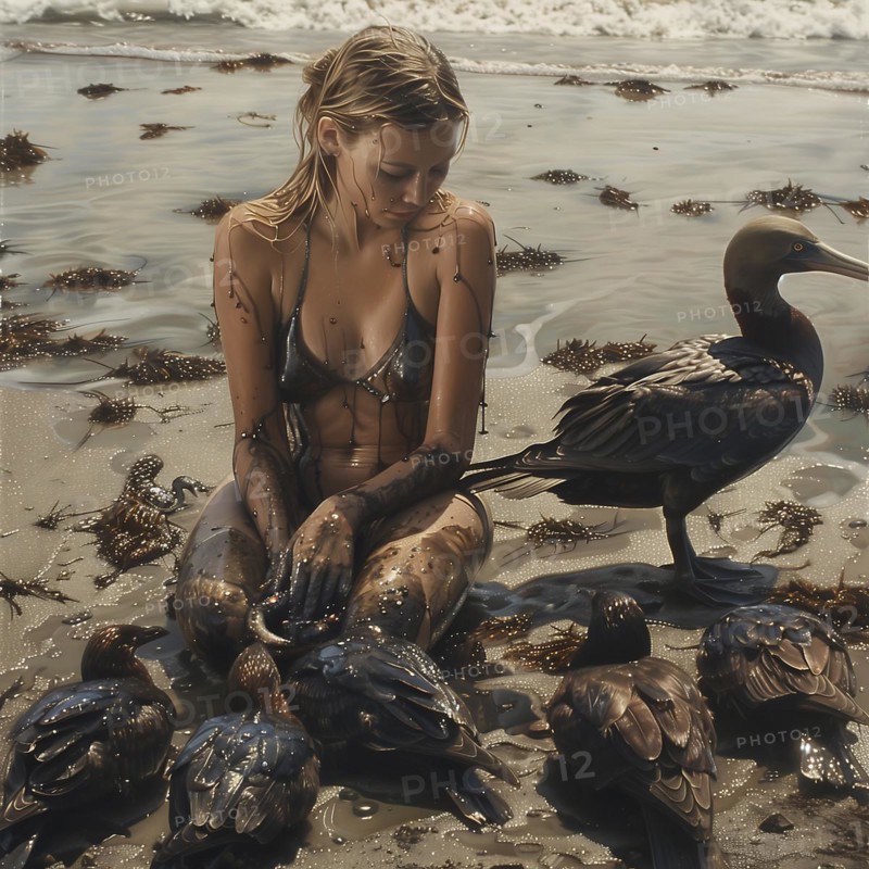 A thoughtful girl is surrounded by oil-smeared Pelicans on the beach, which she looks after, AI generated