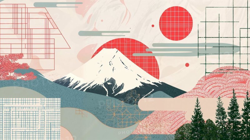 A peaceful backdrop with the impressive Mount Fuji in the distance, framed by geometric designs and abstract shapes inspired by Japanese cultural symbols, creating a harmonious balance between nature and human art, Japan, AI generated, AI generated, Asia