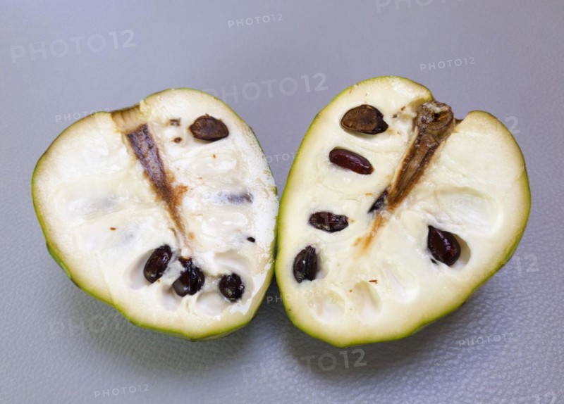 A sliced Chirimuya with visible dark seeds lies on a grey surface, chalklike texture on a light background, sugar-apple, cream-apple, sweet-sack, sugar-apple, cream-annone, Spain, Europe