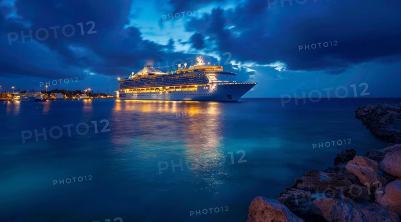 A large cruise ship docked near popular vacation resort. The scene is serene and relaxing, with the ship providing a sense of adventure, AI generated