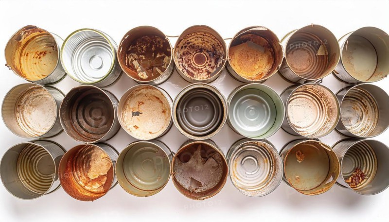 Symbol photo, many empty tin cans, partly crushed, rusty, dirty, on a white background, AI generated, AI generated