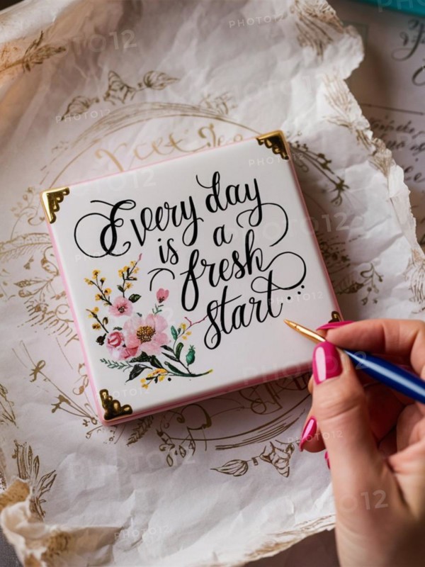 Handcrafted calligraphy piece with the motivational quote 'Every day is a fresh start' and floral accents, AI generated