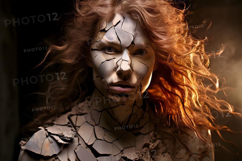AI generated moody female portrait with cracked terracotta style high textures