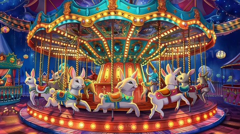 A magical carousel with rabbit figures under vibrant nocturnal lighting, AI generated