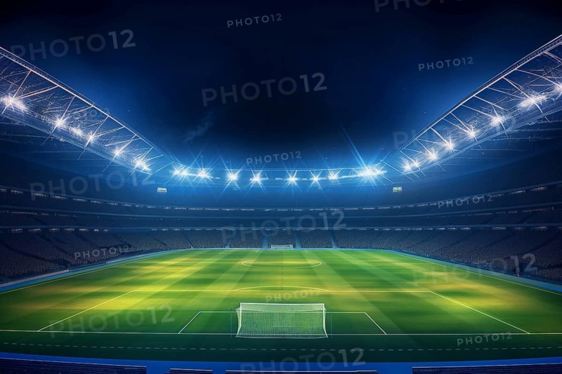 A soccer field with a large crowd of people spectators fans watching the game in evening. The stadium is lit up with bright flood spotlights ready for a match game, AI generated