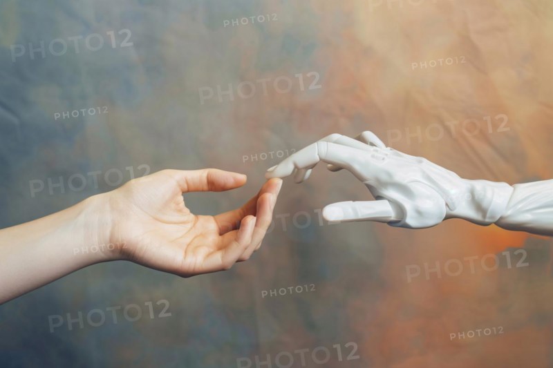 Human hand and white robotic hand reaching towards each other. KI generiert, generiert, AI generated