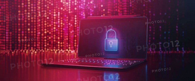 A laptop with a padlock on the screen, concept of cyber security, computer security and protection, AI generated
