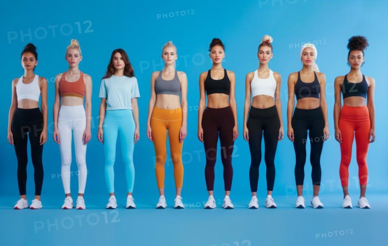 A group of slim attractive athletic women are standing in a row wearing different sportswear, AI generated