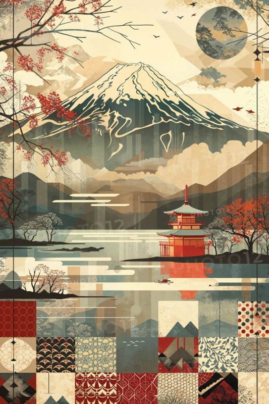 Traditional Japanese depiction of Mount Fuji with temple and cherry blossoms, Japan, AI generated, AI generated, Asia
