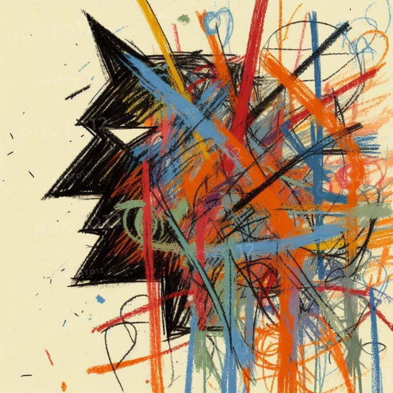 Vibrant abstract sketch with chaotic, intertwined colorful lines, AI generated