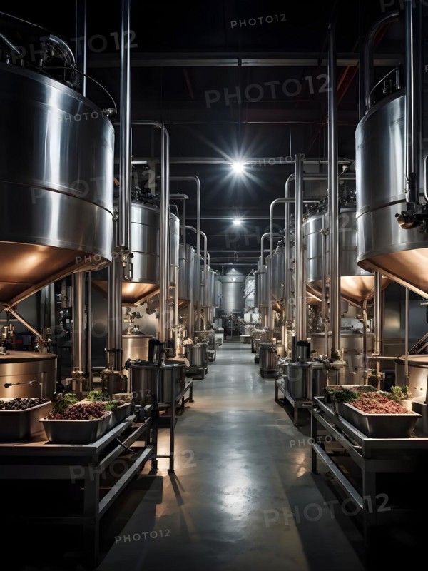 AI generated modern winery production line with stainless steel fermenting tanks