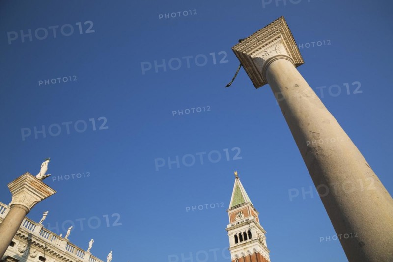 National Library of St Mark's or Biblioteca Nazionale Marciana building, column of San Teodoro, the Campanile bell tower and winged lion column, St Mark's Square, San Marco, Venice, Veneto, Italy, Europe