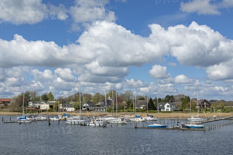 Clouds, houses, marina, Lindaunis, Schlei, Schleswig-Holstein, Germany, Europe