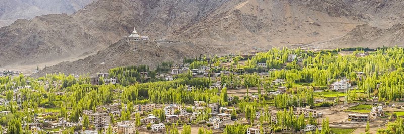 Panorama over Leh, behind it the Shanti Stupa, Ladakh, Jammu and Kashmir, India, Asia